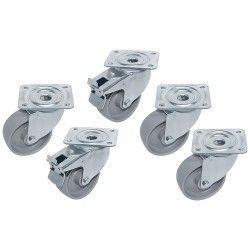 Kit 5 Roues inox pour tables, pivotantes, 2x avec freins