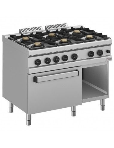 Fourneau gaz 6 feux vifs, sur four gaz GN 2/1 et armoire