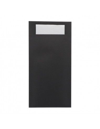 Pochettes à couverts Europochette taille royale noire avec serviette blanche douce 2 plis (lot de 250)