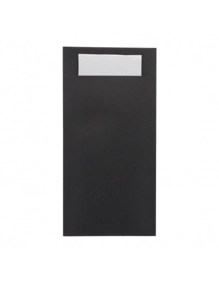 Pochettes à couverts Europochette taille royale noire avec serviette blanche douce 2 plis (lot de 250)