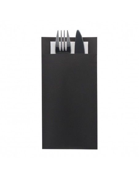 Pochettes à couverts Europochette taille royale noire avec serviette blanche douce 2 plis (lot de 250)
