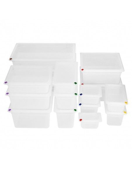 Bacs PP Hygiplas Click GN 2/3 avec couvercles et 7 clips de couleur 200mm 16,1L (lot de 4)