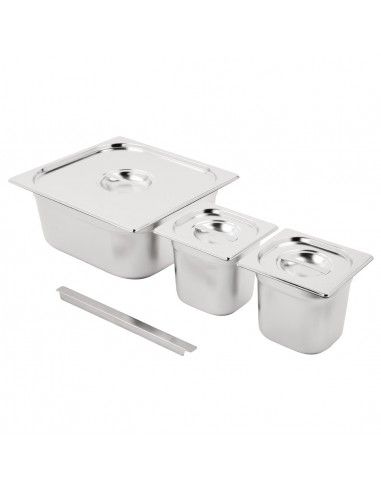 Ensemble de bacs GN 2 x 1/6 et 2/3 inox avec couvercles Vogue