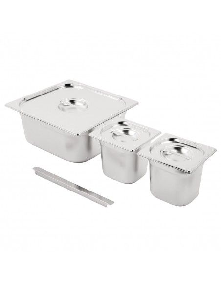 Ensemble de bacs GN 2 x 1/6 et 2/3 inox avec couvercles Vogue