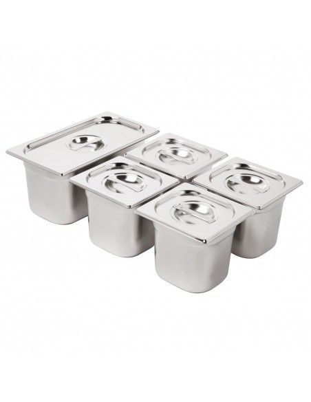 Ensemble de bacs GN 1/3 et 4 x 1/6 en inox avec couvercles Vogue