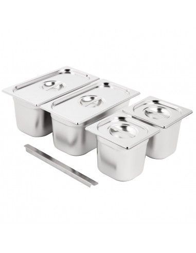 Ensemble de bacs GN 2x 1/3 et 2 x 1/6 en inox avec couvercles Vogue