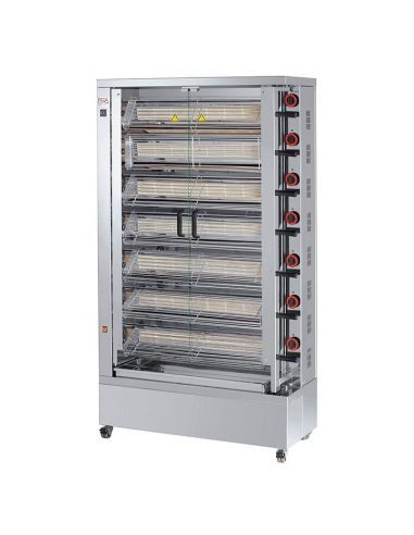 Rôtissoire à poulets à gaz (+230 V) , 7 broches crapaudines pour poulets ouverts