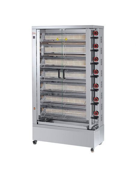 Rôtissoire à poulets à gaz (+230 V) , 7 broches crapaudines pour poulets ouverts