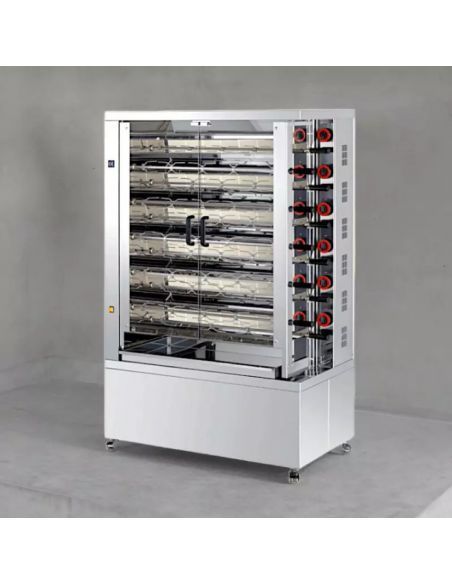 Rôtissoire à poulets à gaz (+230 V),double brûleur, 11 broches pour 55-60 poulets