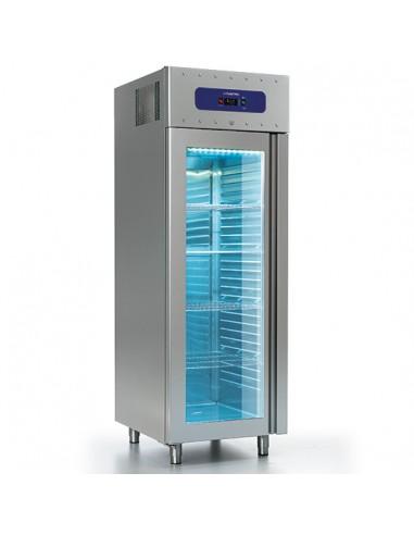 Réfrigérateur 700 litres en inox avec porte en verre, GN 2/1, -2°/-8°C, 85 mm isolation